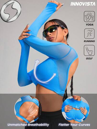 Innovista Women Activewear Cropped- Long Sleeve Sports T Shirt, Sweatshirts, Hollow Out &Breathable Backless Gym Top, High Elastic & Dry Fit Workout Outfits, Moister-Wicking, Fitness Top, Edgy & Unique Stylish Tracksuit, Cycle, Bike, Running, Cardio, Strength, Pilates, Yoga, Outdoor, Hike, Camping, Trail, Volleyball, Going Out, Athleisure, Base Layer, Buckleball, Music Festival, Party, Jiffy Shirts Sky Blue, Autumn, Valentine, Starter Sportswear Fall Outfits For Women Cool Light Blue