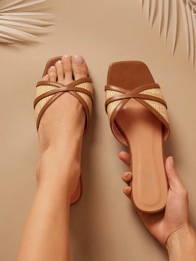 SHUZIA 女士时尚休闲舒适拉菲草 PU 平底凉鞋