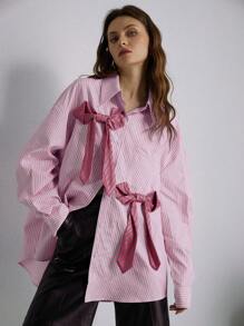 Aveloria Modichic Camisa de mujer con escote de corbata y rayas, estilo holgado y tipo novio, con adorno de lazo, para otoño/invierno, camisas lindas y divertidas