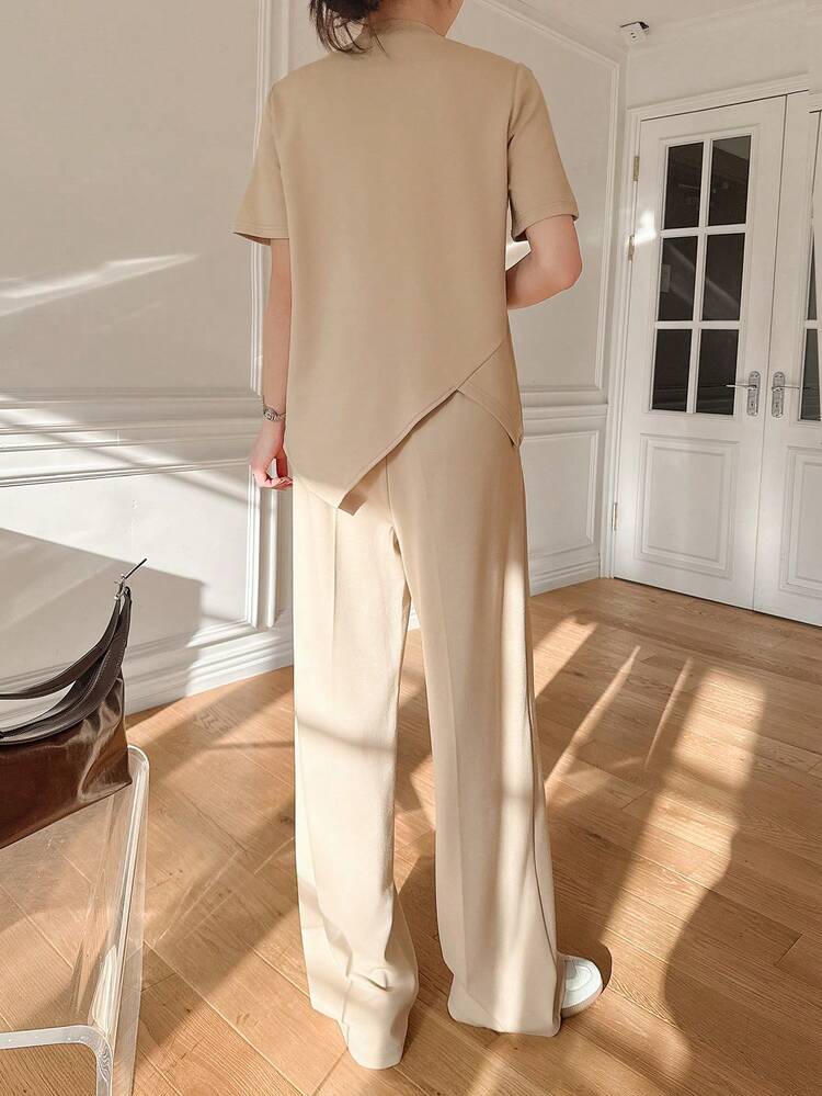 2pcs Women Casual Asymmetrical Hem T-Shirt And Wide Leg Pants Set