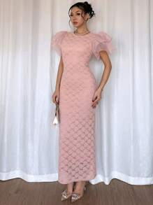 Chiquease 2pcs European And American Stylish Patchwork Ruffled Sleeve Fitted Lace Dress For Women, Random Flower Pattern, Spring/Summer - Pink - View 6