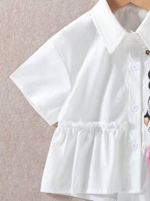 年轻女孩休闲可爱蝴蝶结和猫咪印花衬衫，适合节日、派对、夏季 - 白色 - 查看 4