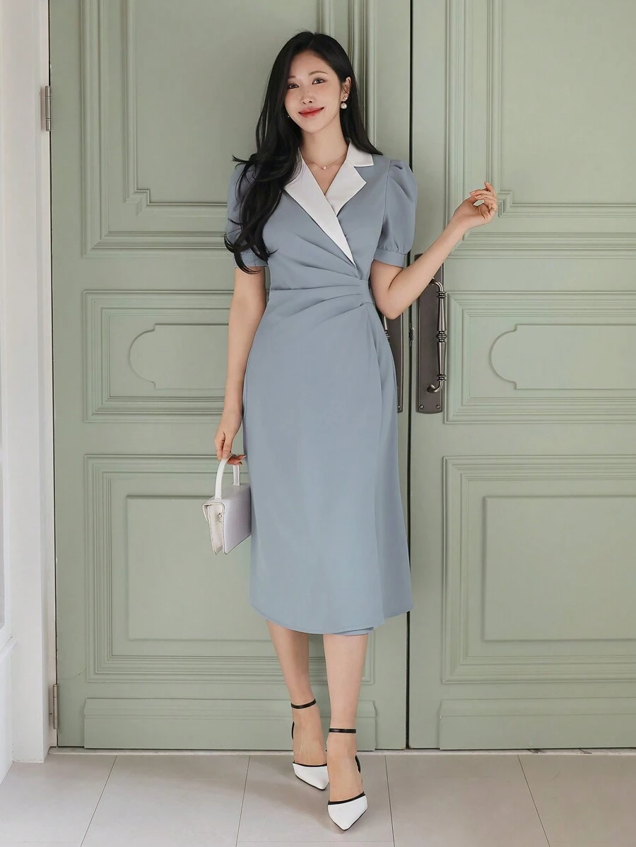DAZY Contrast Color Block Suit Collar Puff Sleeve Mid-Calf Women Dress Sundress - Blue - View 1