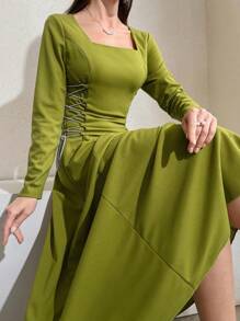Modelyn Vestido midi de manga larga con cintura entallada y detalles de cinta verde tejida para mujer - Verde - Ver 6