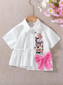 年轻女孩休闲可爱蝴蝶结和猫咪印花衬衫，适合节日、派对、夏季 - 白色 - 查看 1