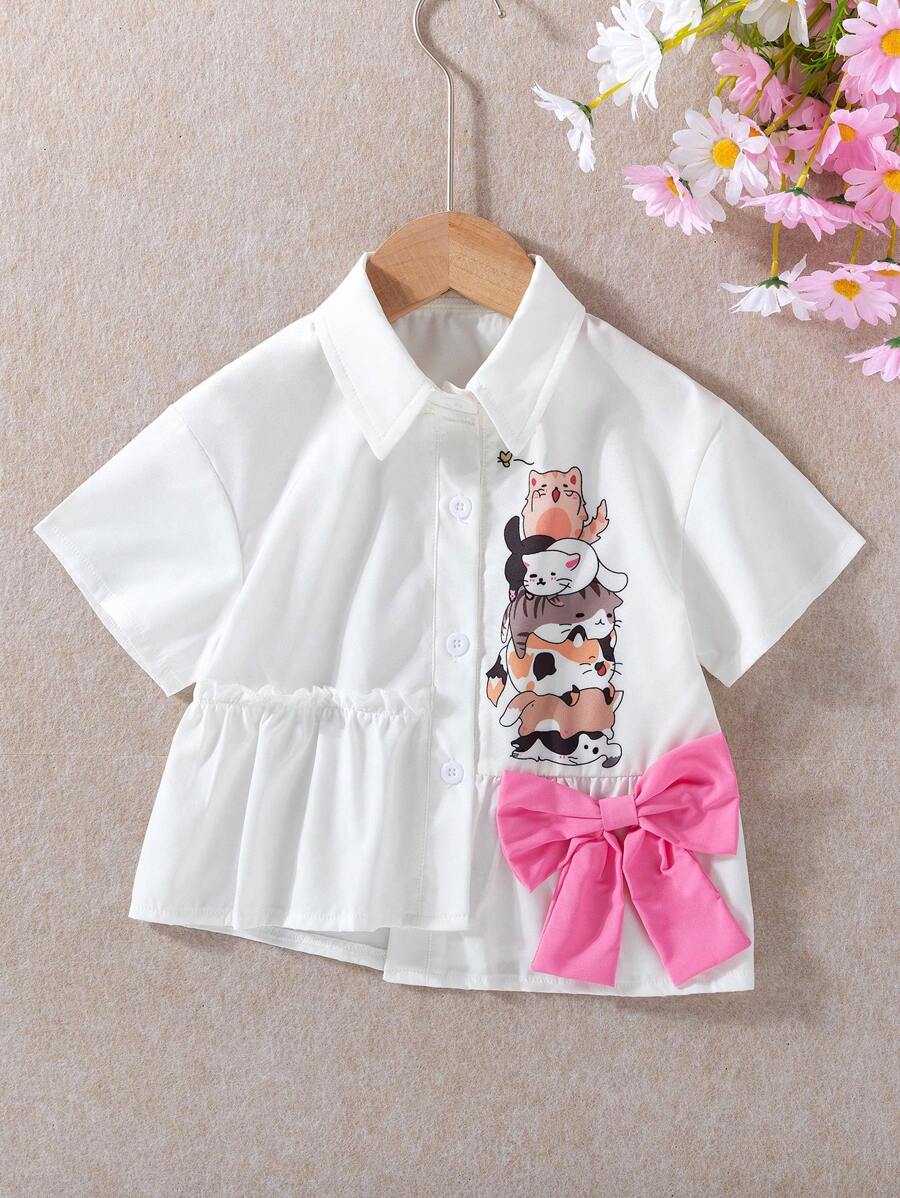 年轻女孩休闲可爱蝴蝶结和猫咪印花衬衫，适合节日、派对、夏季 - 白色 - 查看 1