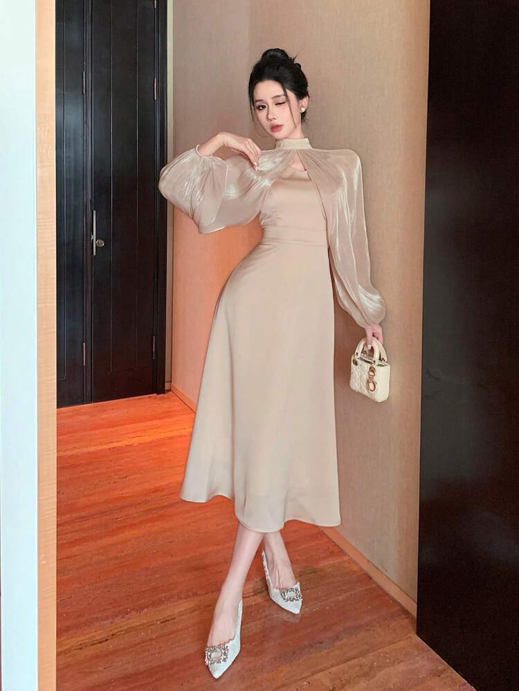 Stand Collar Sleeveless Mid-Length Dress 2pcs Women Outfit