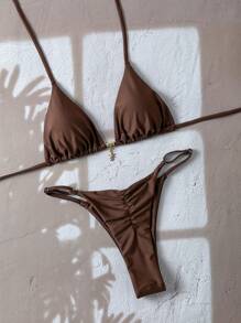 Swim Basics Bikini estivo da donna Springbreak in colore unito con pendente metallico e schiena aperta, costume da bagno sexy con perizoma