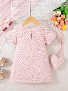 Robe courte à manches courtes rose avec sac assorti, élégante, douce et mignonne, pour bébé fille, été - Rose bonbon - Voir 2