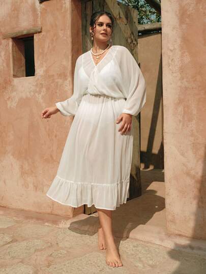 Swim Chiccia Plus Size Women's Elegant V-Neck Lantern Sleeve Pullover Summer Beach Vacation Cover-Up