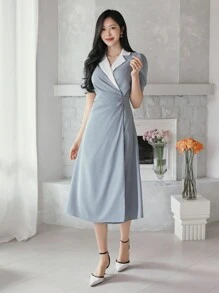 DAZY Contrast Color Block Suit Collar Puff Sleeve Mid-Calf Women Dress Sundress - Blue - View 4