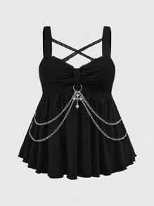 ROMWE Goth Top tipo Tank con adorno de cadena en forma de cruz, estilo gótico punk, para tallas grandes