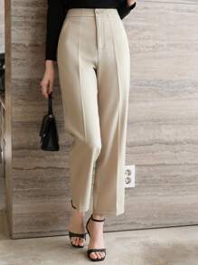 Wynsel Calça casual reta plissada de cor sólida para mulheres, Calça social feminina para uso em negócios no outono/inverno - Caqui - Visão 5