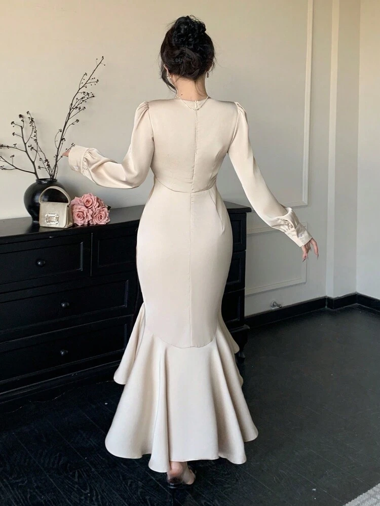 Solid Color V-Neck Gathered Puff Sleeve Asymmetrical Fishtail Midi Dress For Women,Ruffle,Fall Dress Long Sleeve Dress