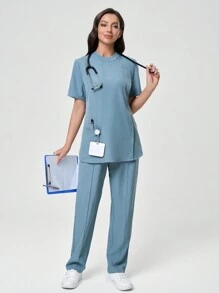 Scrubzie 抗皱短袖立领长款护士服上衣