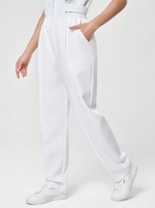 TaskEZ Women's Scrub Uniform Set With Pockets Top And Pants - White - View 4