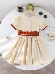 SHEIN Young Girl Color Block Stripe Puff Sleeve Summer Casual Dress - Apricot - View 8