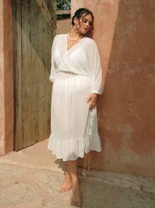 Swim Chiccia Plus Size Women's Elegant V-Neck Lantern Sleeve Pullover Summer Beach Vacation Cover-Up - White - View 4