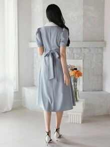 DAZY Contrast Color Block Suit Collar Puff Sleeve Mid-Calf Women Dress Sundress - Blue - View 2
