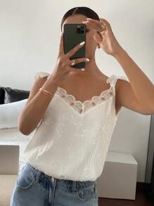 Serisse 女士纯色撞色蕾丝灯笼袖衬衫 - 米色 - 查看 3