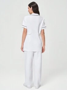 TaskEZ Women's Scrub Uniform Set With Pockets Top And Pants - White - View 2