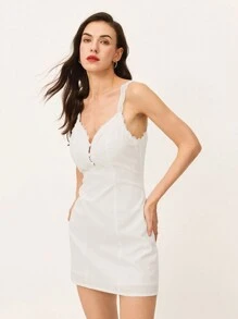 Poéselle Vestido camiseta de mujer casual de color liso con ribete de encaje