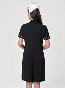 TaskEZ Black & White Contrast Color Elastic Knitted Nurse Dress For Women Work Dresses For Women Professional Dress - Black - View 7