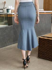 DAZY 女式不对称下摆破洞牛仔紧身裙，荷叶边，返校服牛仔裙 - 中等水洗藍 - 查看 2