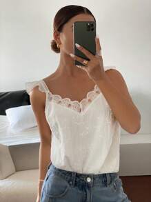 Serisse 女士纯色撞色蕾丝灯笼袖衬衫 - 米色 - 查看 1