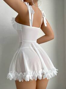 Snug Zone 2 Stück Mesh Blumen Muster Draht BH Camisole Nachtwäsche Set mit String, Braut Dessous für Ausgehen - Weiss - Übersicht 2