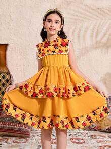 1pc Girls Floral Print Patchwork Collar Sleeveless Cake Skirt, Spring/Summer Vacation Style - Yellow - View 1