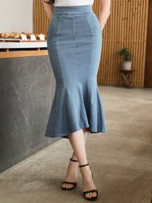 DAZY 女式不对称下摆破洞牛仔紧身裙，荷叶边，返校服牛仔裙 - 中等水洗藍 - 查看 6