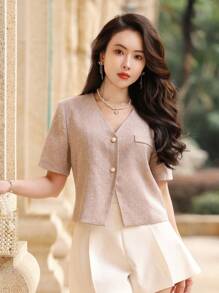 DAZY Women's Solid V-Neck Short Sleeve Single Breasted Casual Blazer Business Attire - Pink - View 4