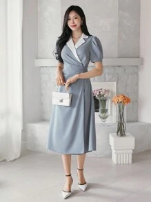 DAZY Contrast Color Block Suit Collar Puff Sleeve Mid-Calf Women Dress Sundress - Blue - View 3