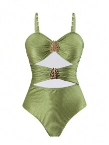SHEIN Swim Curve Große Größen Badeanzug & Strandrock Set, mehrfarbiger Blume Muster mit Metallakzenten, minimalistischer Alltags- und Strandoutfit für Frauen, Sommerurlaubs-Kleidungsset