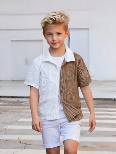 SHEIN Tween Boys Color Block Short Sleeve Textured Minimalist Top, Casual Everyday Wear