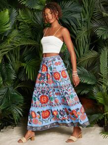 Travachic Vacation Floral Print Ruffle Hem Crinkle Skirt, Summer Beach Style Women - Baby Blue - View 5