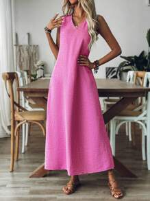 Breezaya Women's Casual Pink Maxi Dress: Sleeveless V-Neck Summer Sundress Women Elegant Dresses Summer Dresses For Women Women Long Dresses - Hot Pink - View 4