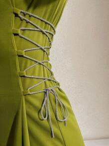 Modelyn Vestido midi de manga larga con cintura entallada y detalles de cinta verde tejida para mujer - Verde - Ver 4