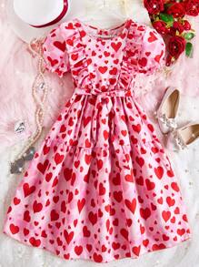 Girls Sweet Casual Solid Color Lotus Ruffle Hem Heart Pattern Short Sleeve Dress - Multicolor - View 1