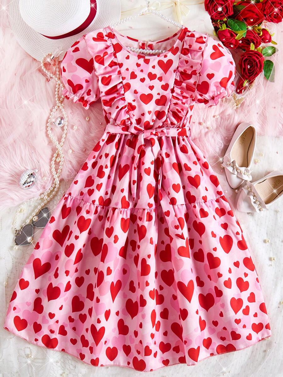 Girls Sweet Casual Solid Color Lotus Ruffle Hem Heart Pattern Short Sleeve Dress - Multicolor - View 1