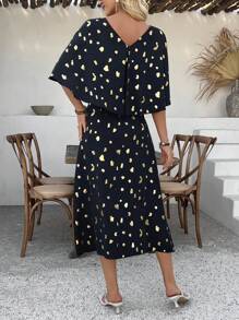 SHEIN Clasi Fashionable Golden Bead Decor Gathered Waist Slit Shoulder Dress, Unique And Elegant Dress Retro Style For Spring&Summer - Black - View 2