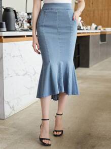 DAZY 女式不对称下摆破洞牛仔紧身裙，荷叶边，返校服牛仔裙 - 中等水洗藍 - 查看 4