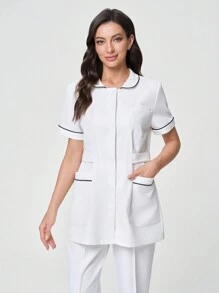 TaskEZ Women's Scrub Uniform Set With Pockets Top And Pants - White - View 5