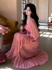 DAZY Women's Midi Ruffle Trim & Floral 3D Applique Halter Neck Dress Prom Dress,Casual Women Dresses,Fall Dress Long Sleeve Dress - Pink - View 9