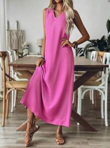 Breezaya Women's Casual Pink Maxi Dress: Sleeveless V-Neck Summer Sundress Women Elegant Dresses Summer Dresses For Women Women Long Dresses - Hot Pink - View 6