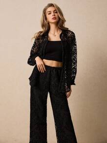 Poéselle 2 Stücke/Set Damen elegante Bluse mit Spitzeneinsätzen und Lange Hose, Anzug für Urlaub, Urlaubsoutfit Damen, Zweiteiler für den Urlaub, geeignet für Alltag, Straße, Dates, Pendeln, Zuhause und andere Anlässe zum Tragen