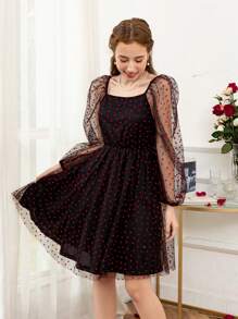 Teenage Retro Fitted Red Heart Mesh Long Sleeve Dress