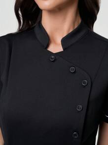 TaskEZ Black & White Contrast Color Elastic Knitted Nurse Dress For Women Work Dresses For Women Professional Dress - Black - View 2