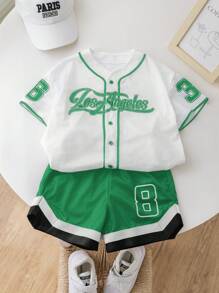 2pcs/Set Young Boys Loose Letter & Number Graphic Print Shirt And Shorts Set, Sportswear